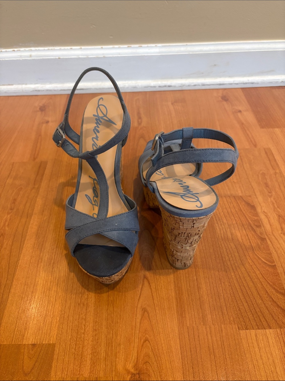 American Rag Blue Strappy Cork Wedge Sandals